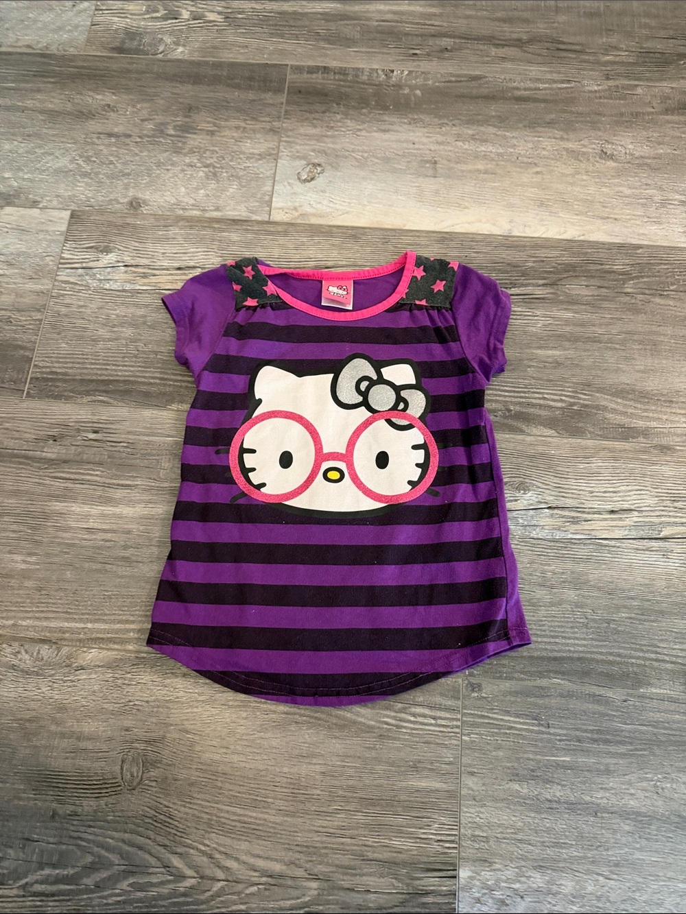 Hello Kitty Purple and Black Striped Tee with Pink Glasses Graphic